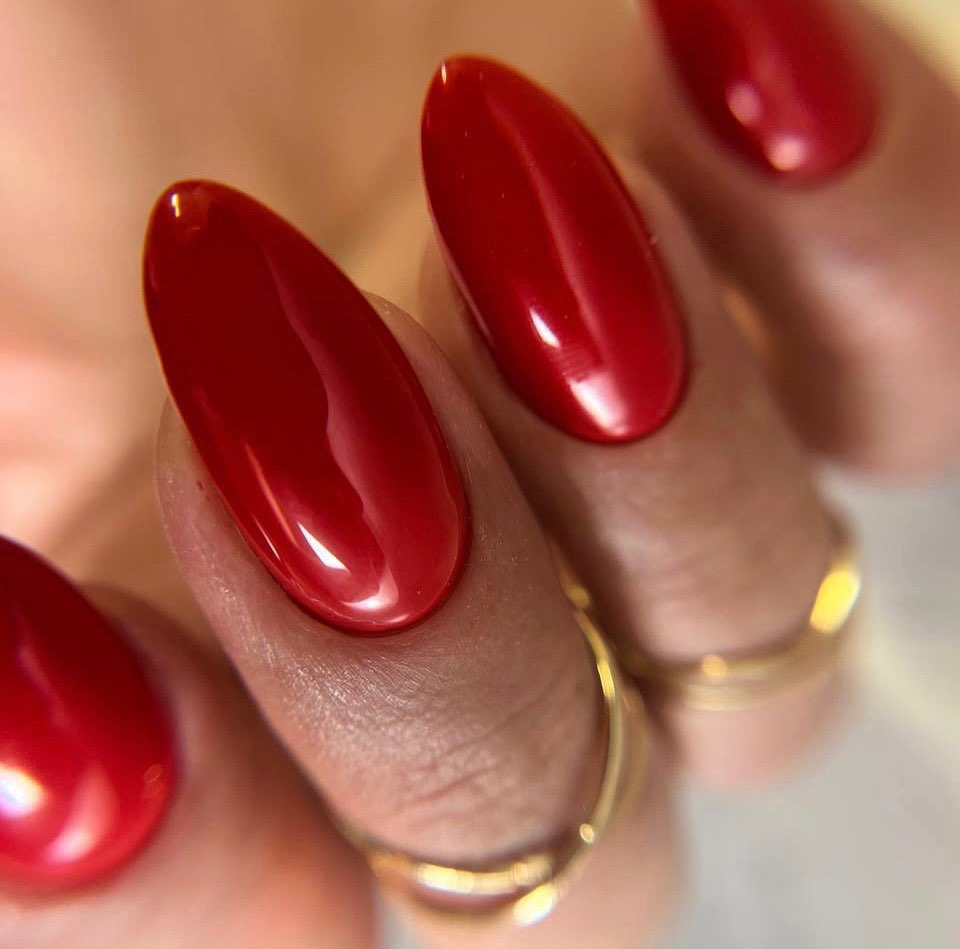 Glossy Red Almond Nails